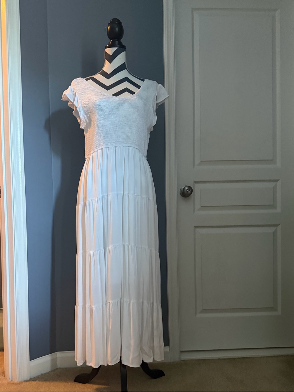 Smocked Bodice White Maxi Dress with Flutter Sleeves